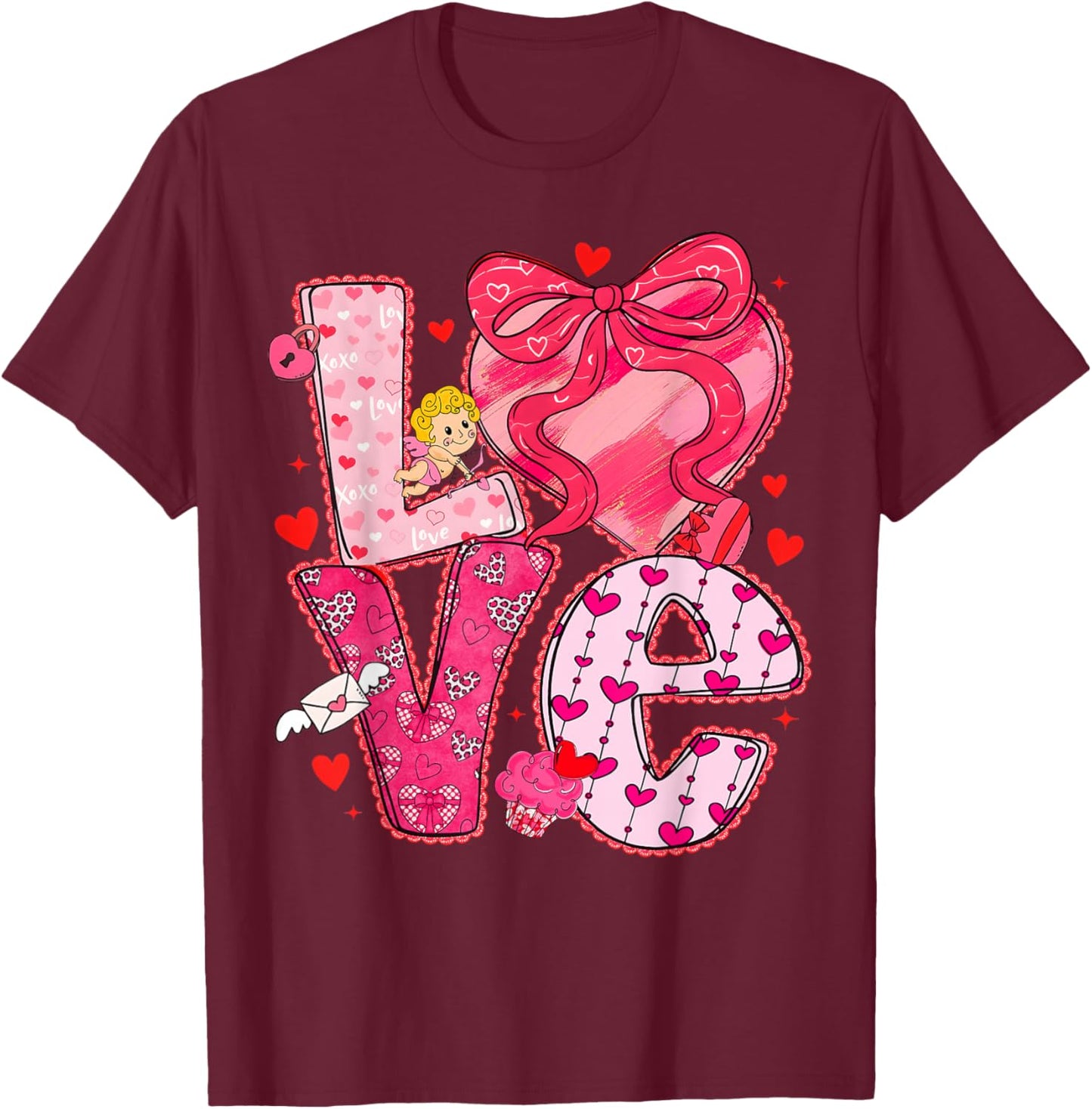 Valentine Love Heart Coquette Bow Cute Women Kids Girl T-Shirt - T-Shirt | Maroon