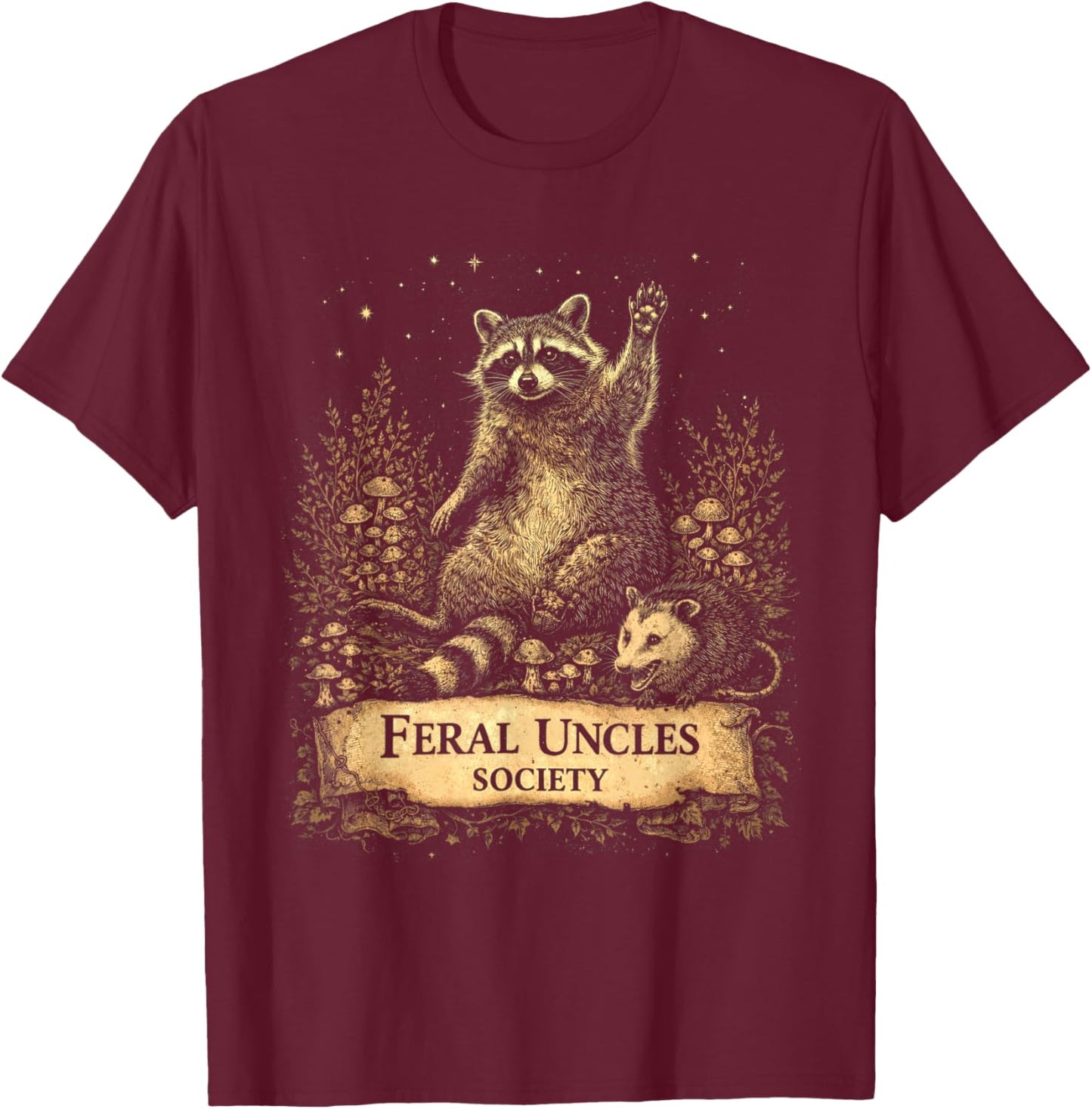 Feral Uncles Society Funny Raccoon & Opossum Vintage Graphic T-Shirt - T-Shirt | Maroon