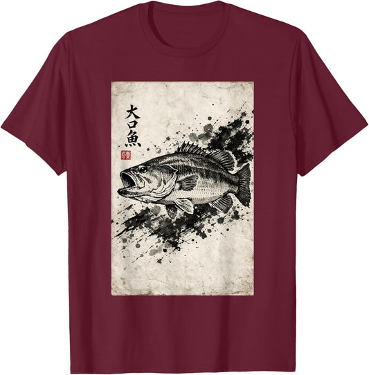 Largemouth Bass Fishing Gyotaku Print Japanese Ink Art T-Shirt - T-Shirt | Maroon