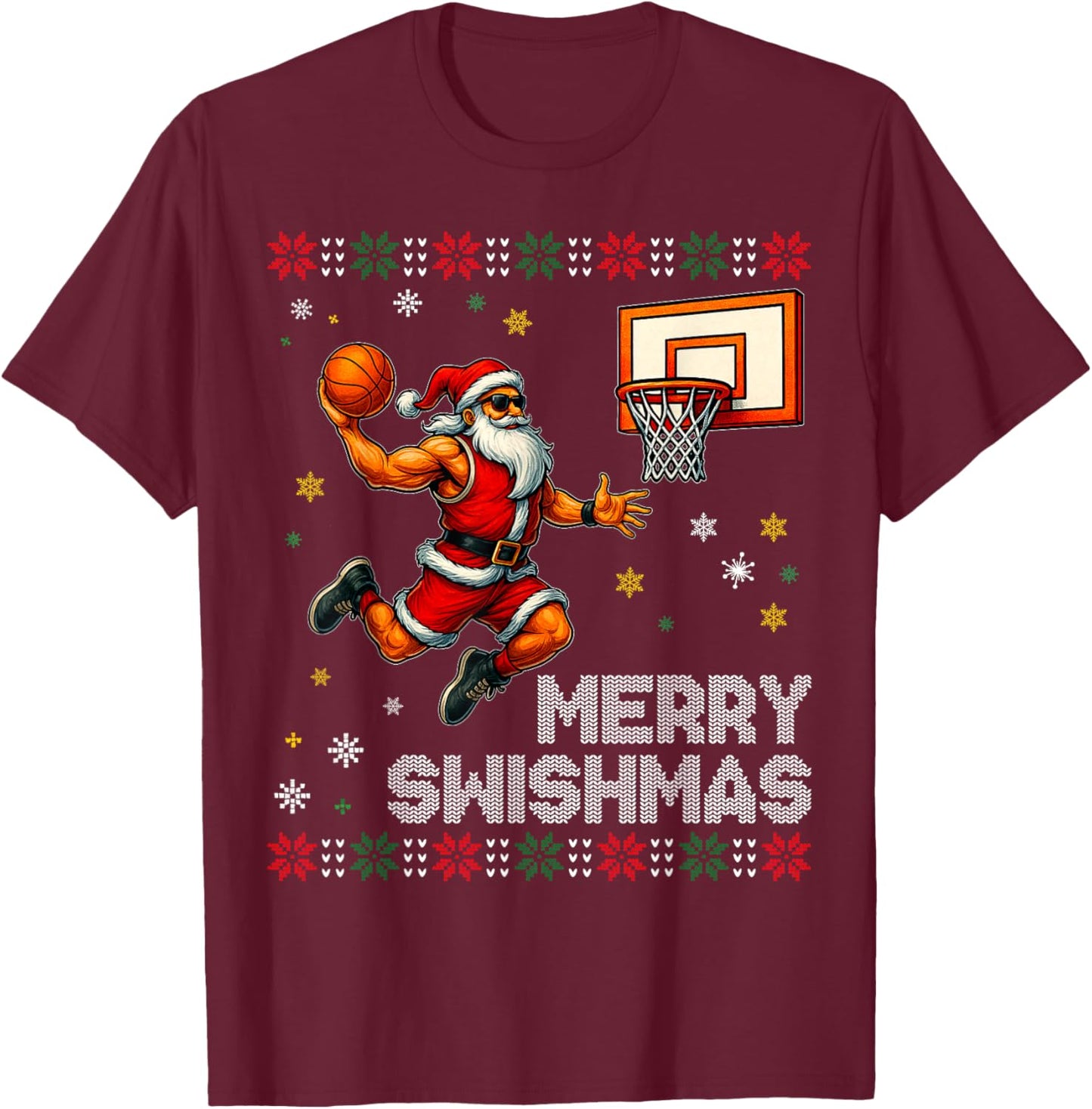 Santa Dunking Basketball Merry Swishmas Design T-Shirt - T-Shirt | Maroon