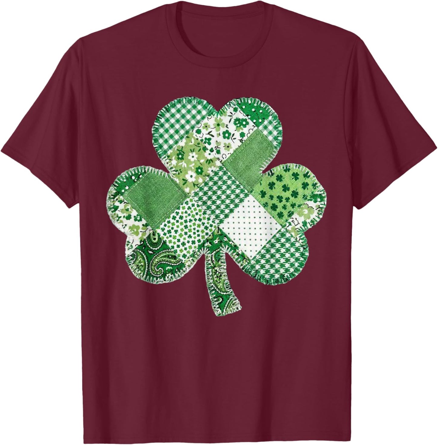 St Patrick's Day Patchwork Shamrock Clover Lucky Vintage T-Shirt - T-Shirt | Maroon