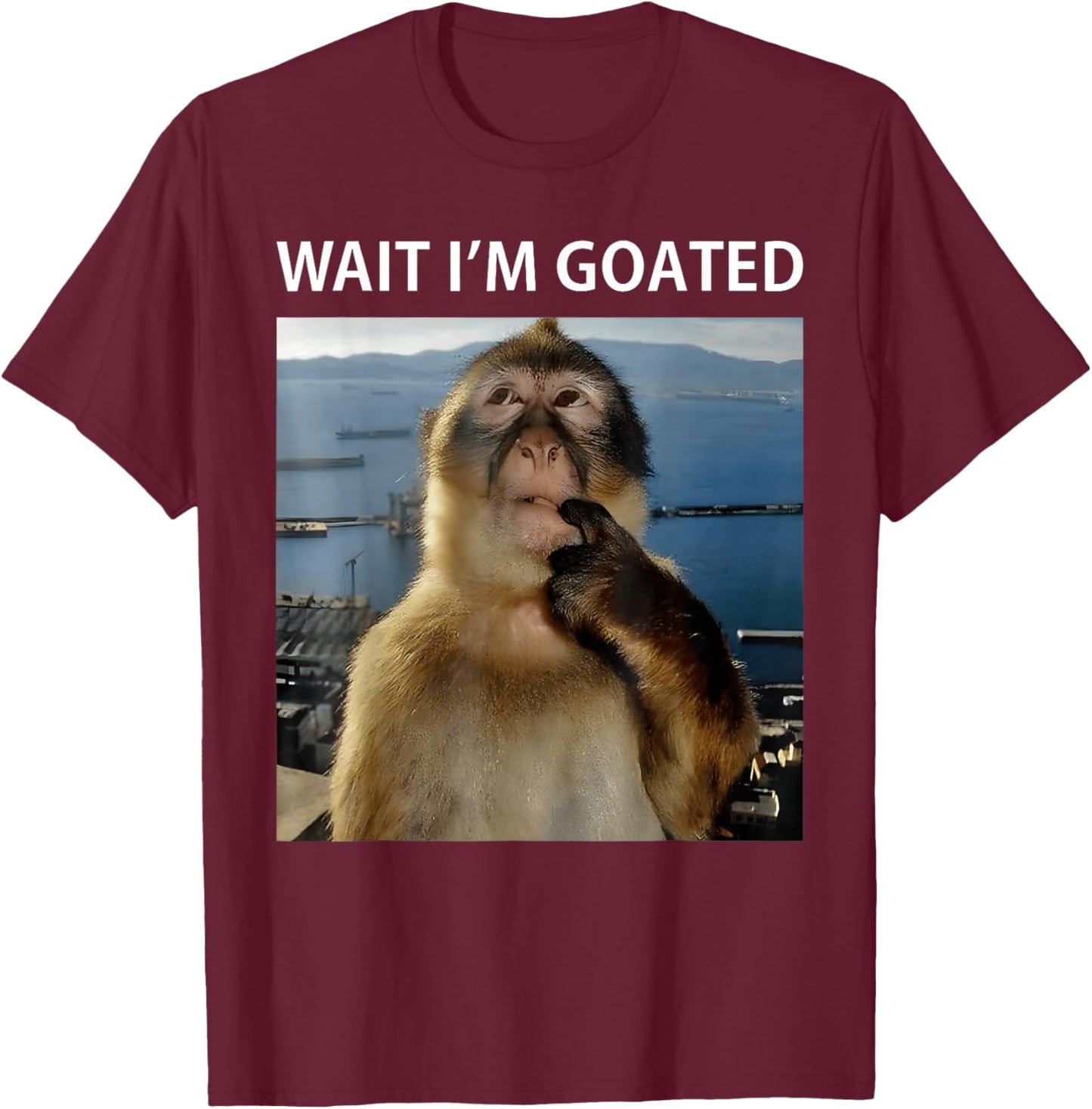Wait I'm Goated Funny Thinking Monkey Meme Brainrot T-Shirt - T-Shirt | Maroon