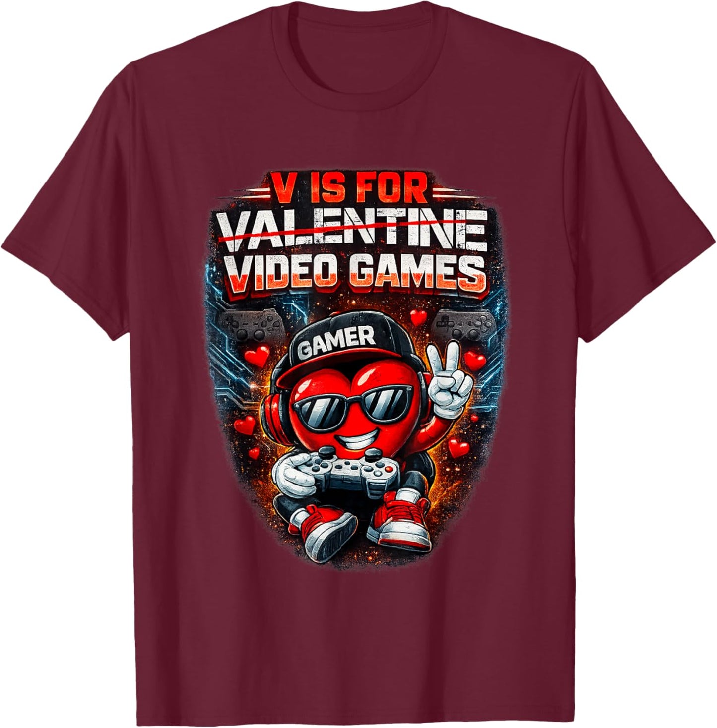 V is for Video Games Funny Valentines Gamer Boy Men Kids T-Shirt - T-Shirt | Maroon