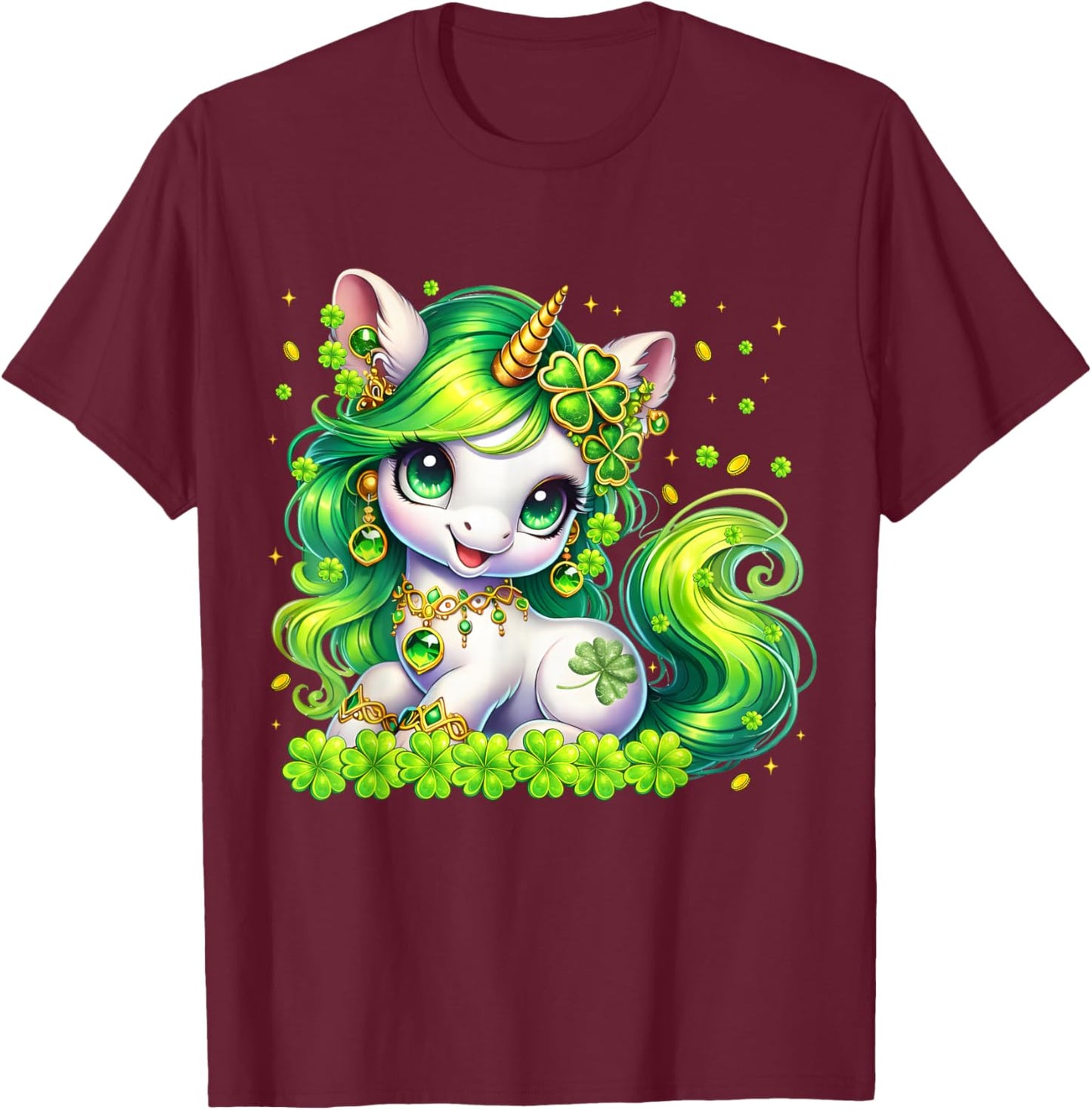 Cute Unicorn Shamrock St Patricks Girl Kid Toddler Women T-Shirt - T-Shirt | Maroon
