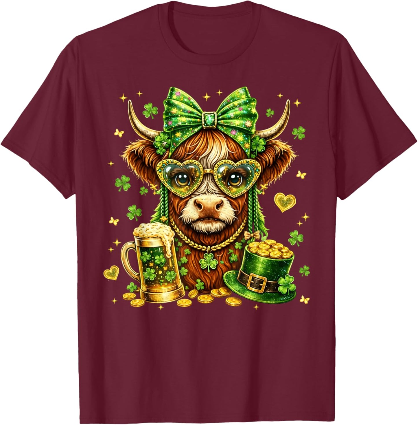 St Patricks Day Funny Highland Cow Cute Bow Girl Women Kid T-Shirt - T-Shirt | Maroon