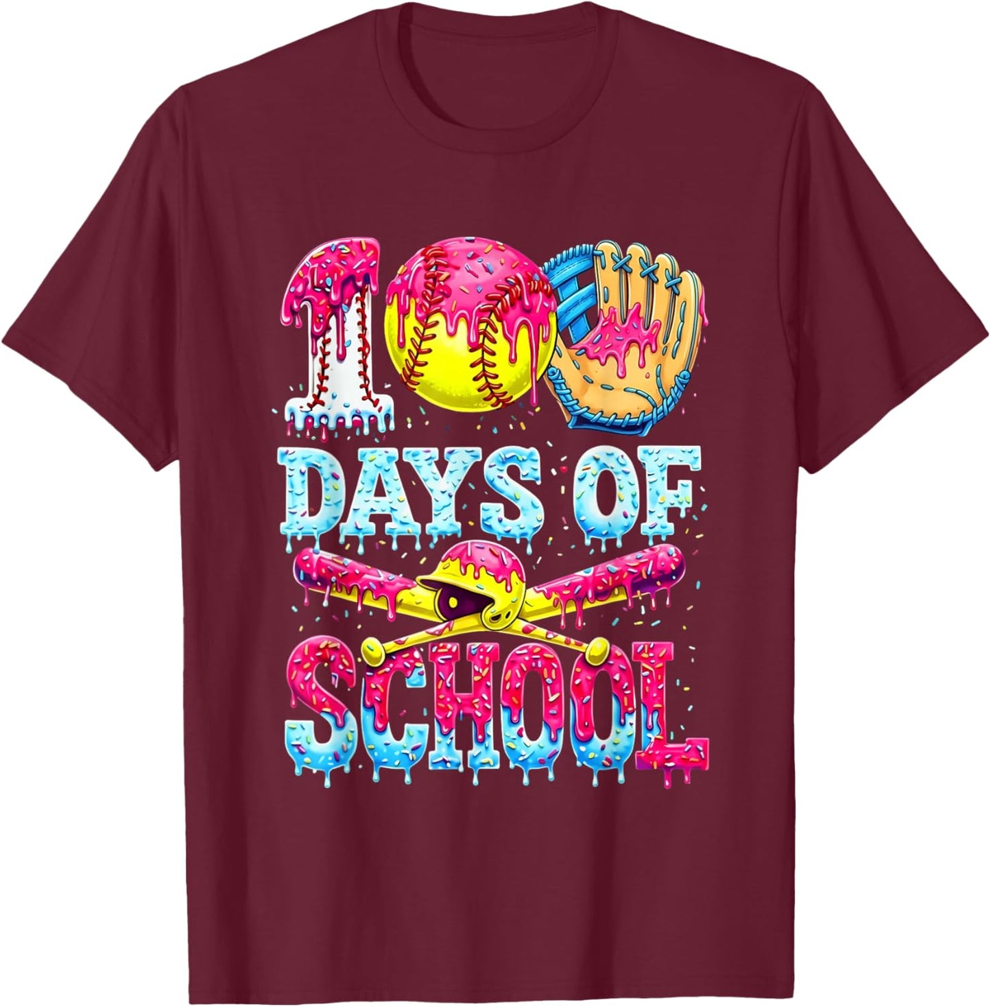 100 Days of School Softball Ice Cream Dripping Pattern T-Shirt - T-Shirt | Maroon
