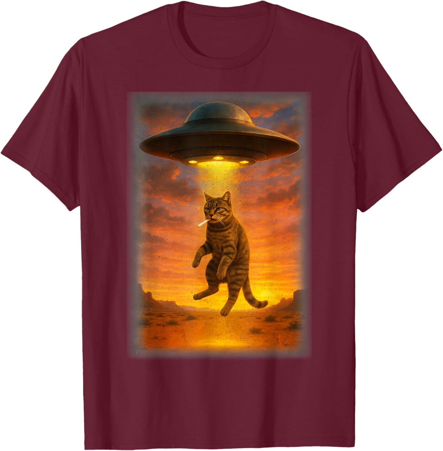 Retro Cat Smoking UFO Funny Japanese Anime Men Women T-Shirt - T-Shirt | Maroon