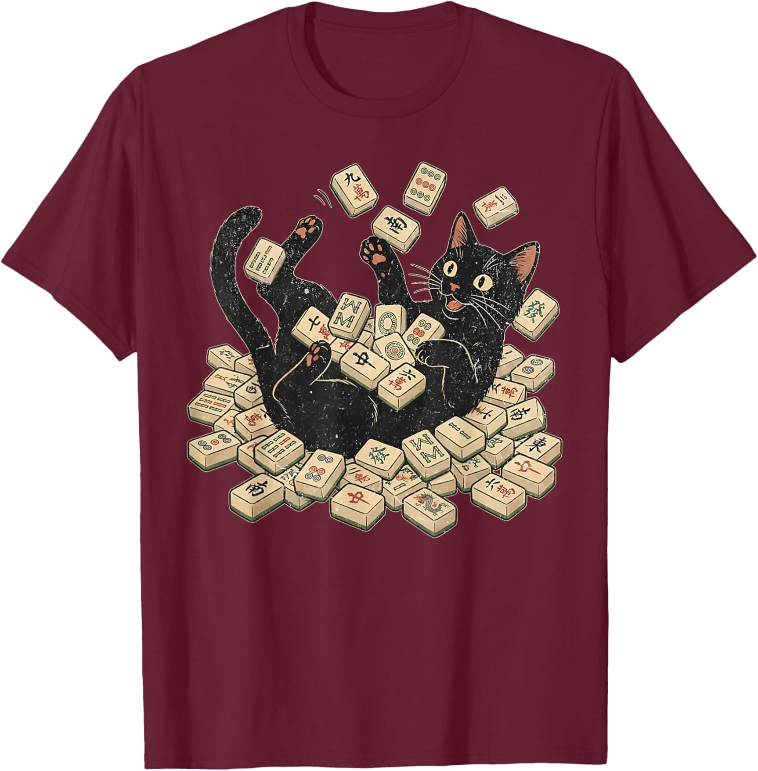 Retro Black Cat Playing Mahjong Funny Cat Meme Mahjong Lover T-Shirt - T-Shirt | Maroon