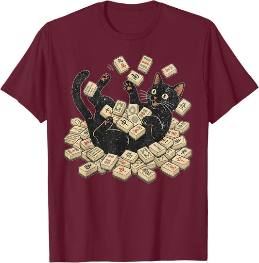 Retro Black Cat Playing Mahjong Funny Cat Meme Mahjong Lover T-Shirt - T-Shirt | Maroon