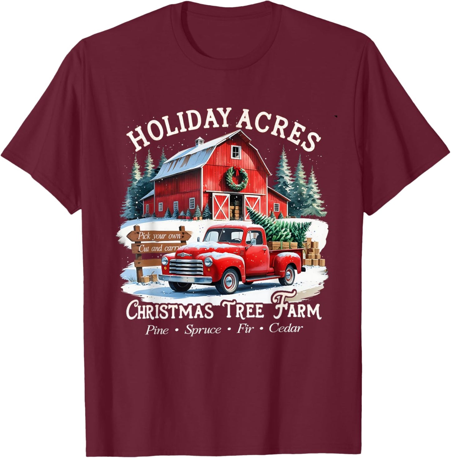 Vintage Red Truck Holiday Acres Christmas Tree Farm T-Shirt - T-Shirt | Maroon