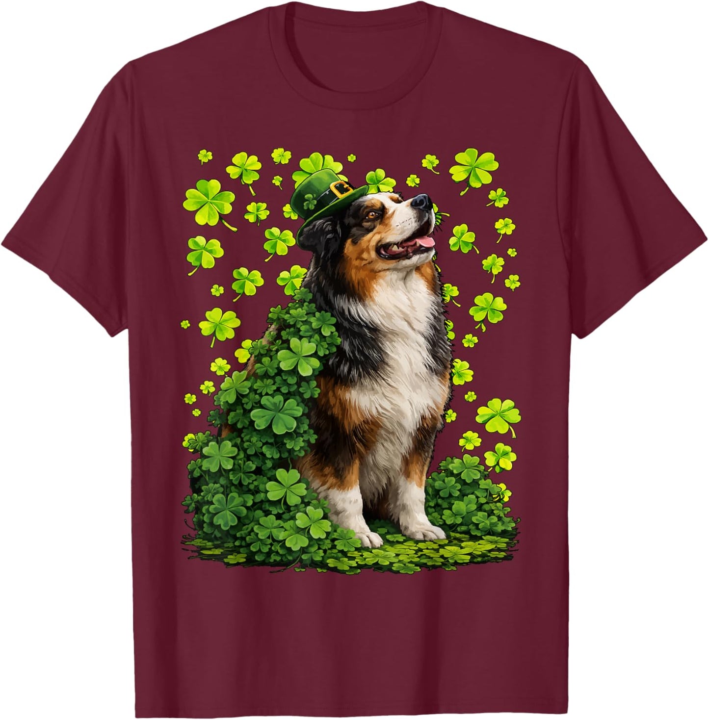 Lucky Australian Shepherd with Shamrocks St Patricks Day Dog T-Shirt - T-Shirt | Maroon