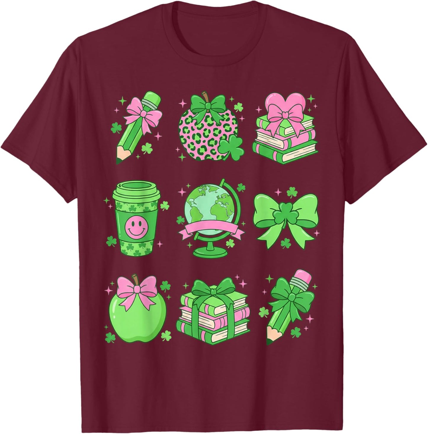 St Patrick's Day Lucky Teacher Shamrock Coquette Bow Pencil T-Shirt - T-Shirt | Maroon
