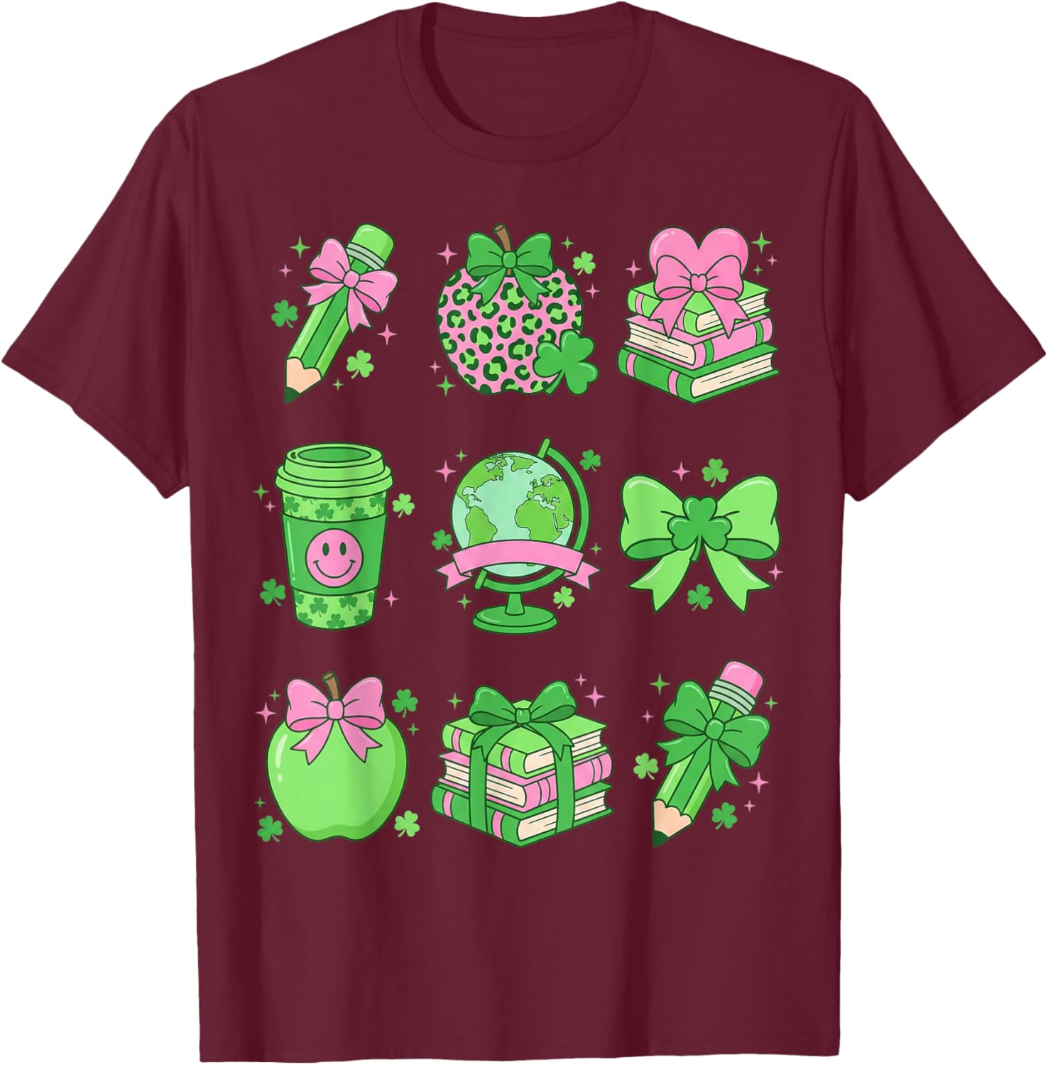 St Patrick's Day Lucky Teacher Shamrock Coquette Bow Pencil T-Shirt - T-Shirt | Maroon