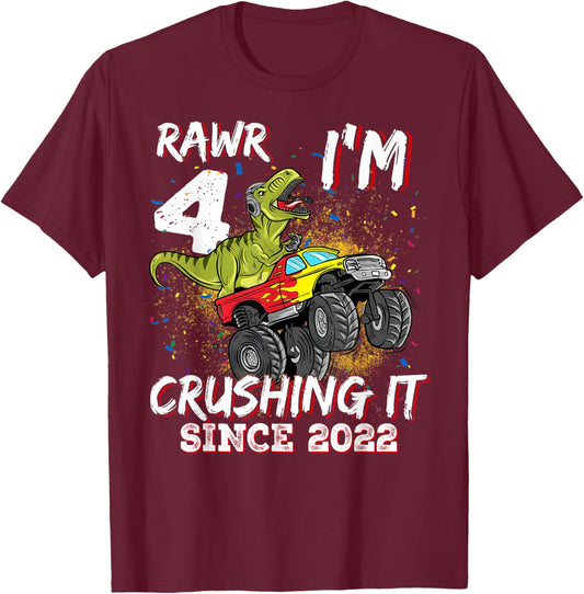 Dinosaur Birthday Rawr I'm 4 Crushing It Since 2022 Matching T-Shirt - T-Shirt | Maroon