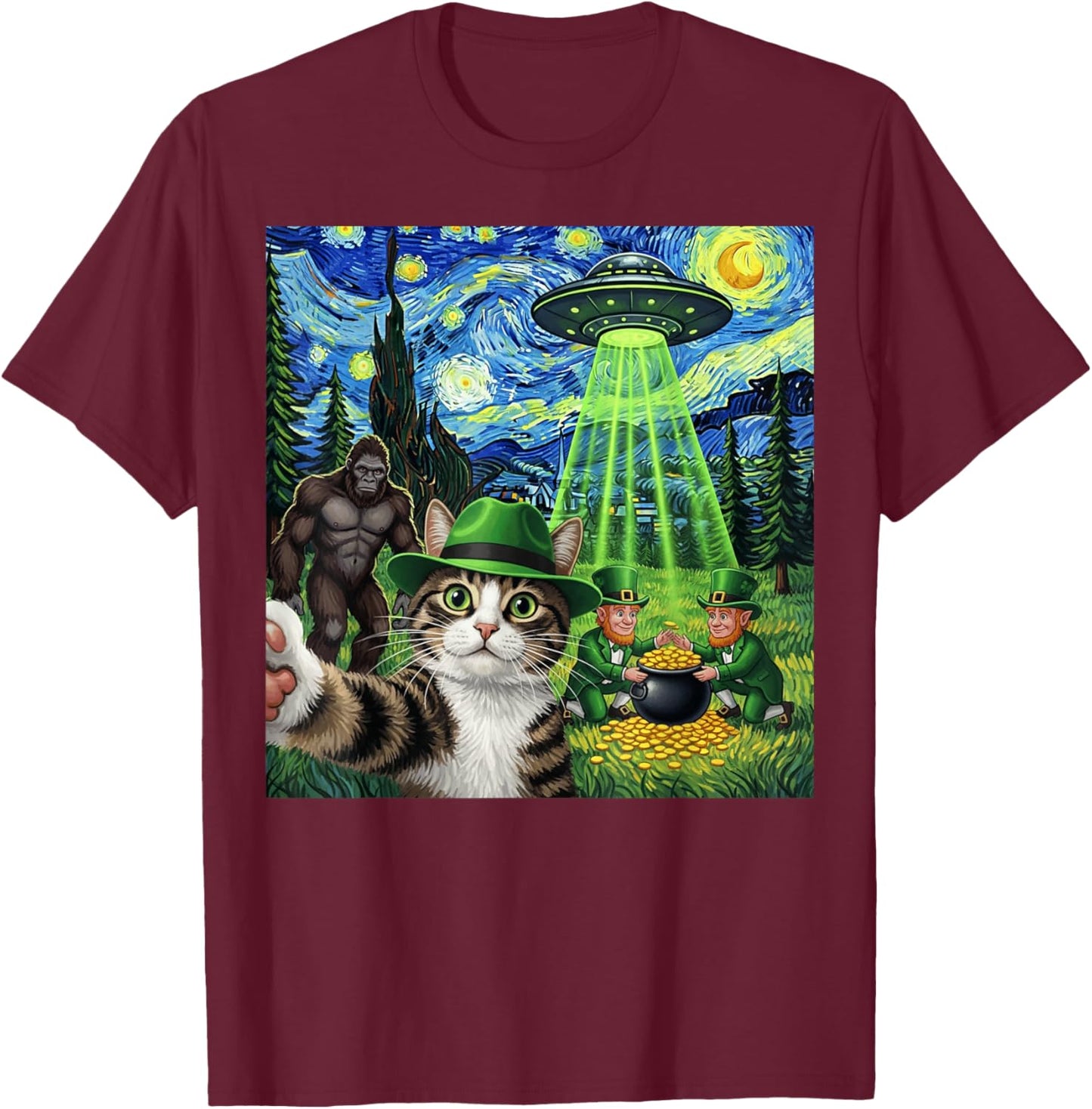 St Patricks Day Bigfoot Leprechaun Cat UFO Funny Scene T-Shirt - T-Shirt | Maroon