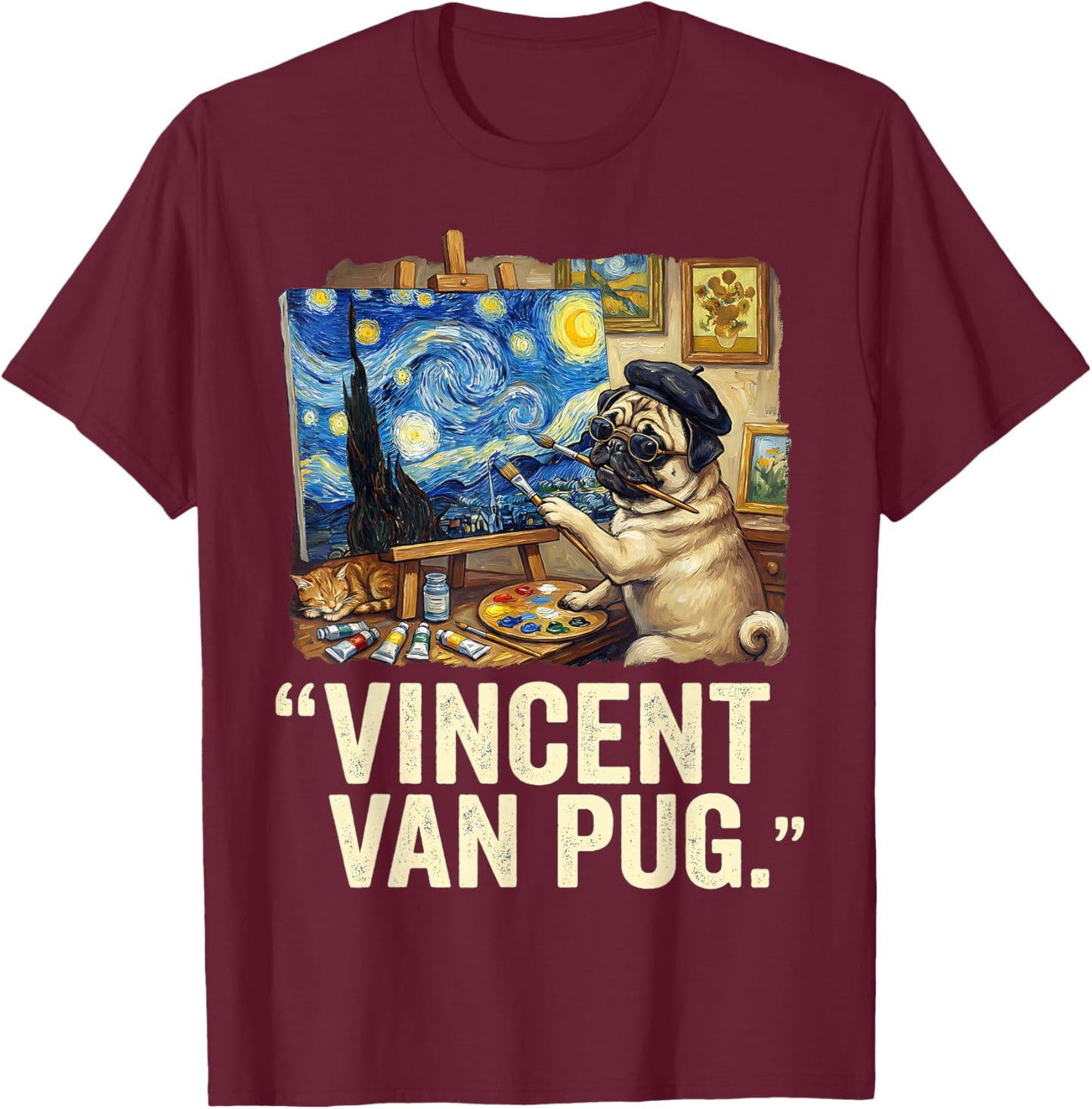 Starry Night Dog Van Gogh Pug Lovers Vincent Van Pug T-Shirt - T-Shirt | Maroon