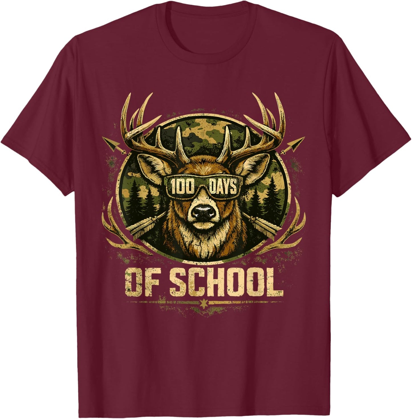Funny Bucked 100 Day of School Camo Deer Outdoor Student Boy T-Shirt - T-Shirt | Maroon