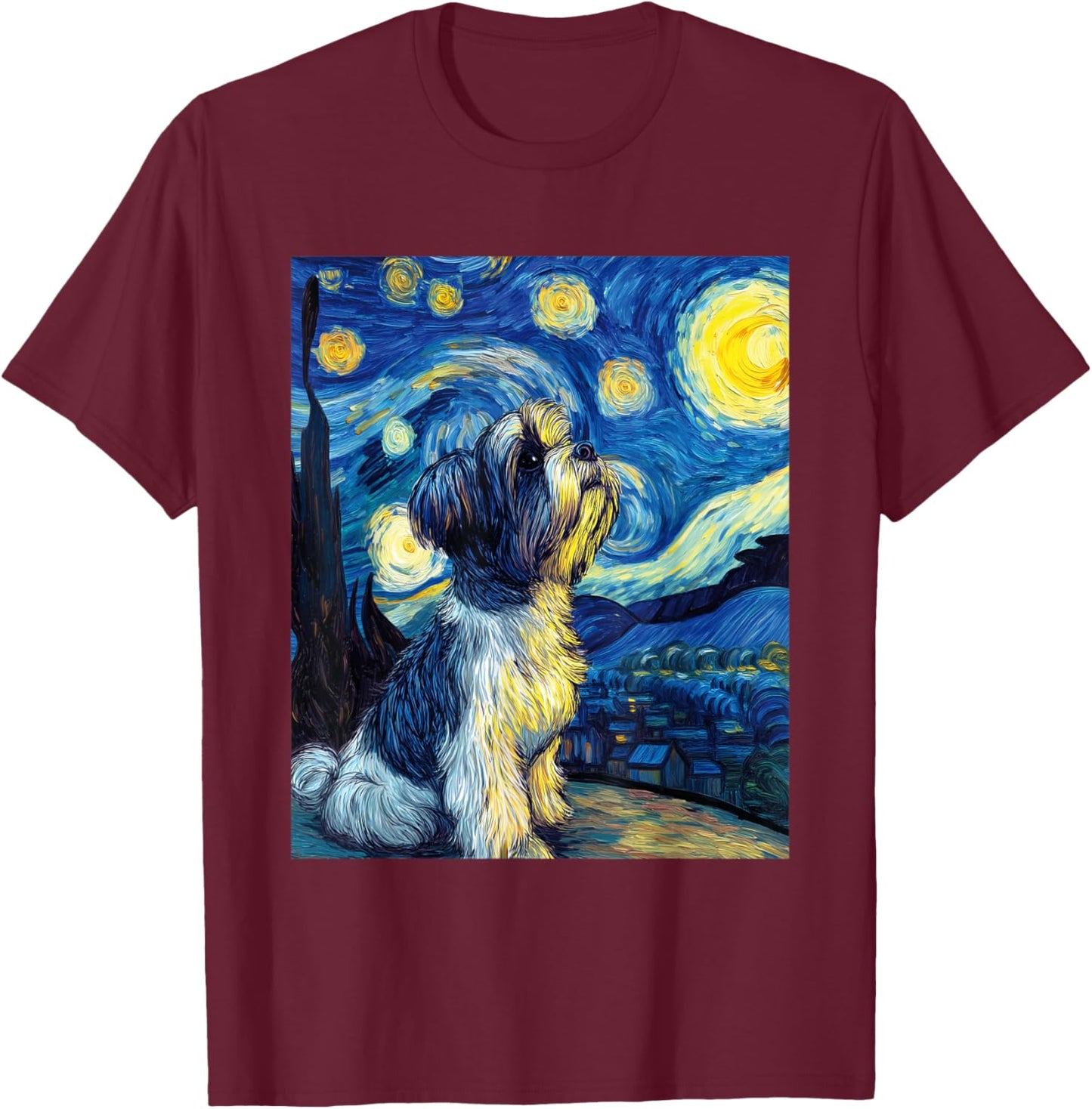 Shih Tzu Dog Van Gogh Starry Night Graphic T-Shirt - T-Shirt | Maroon