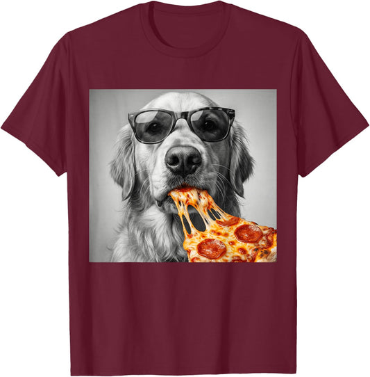 Cool Golden Retriever Eating Pizza Sunglasses Funny Dog T-Shirt - T-Shirt | Maroon