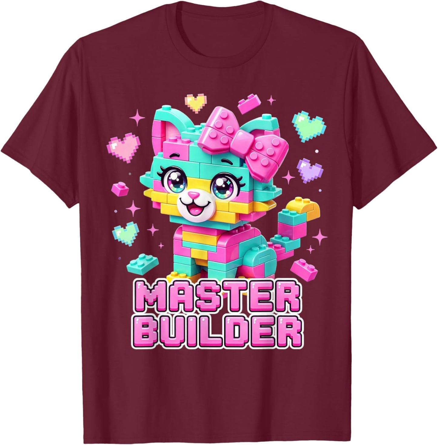Master Builder Kids Girls Building Bricks Cat Lover Kitten T-Shirt - T-Shirt | Maroon