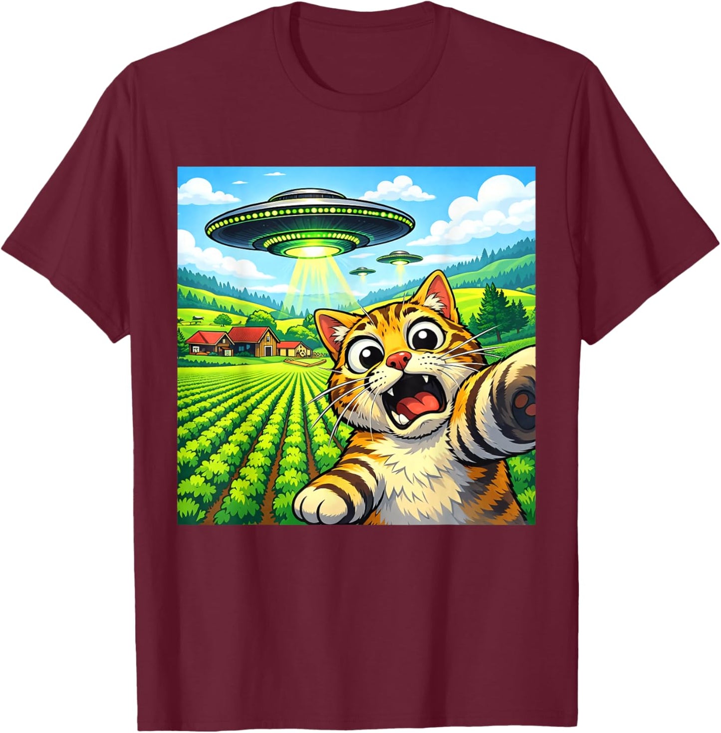 Alien Spaceship Selfie Featuring a Funny Cat T-Shirt - T-Shirt | Maroon