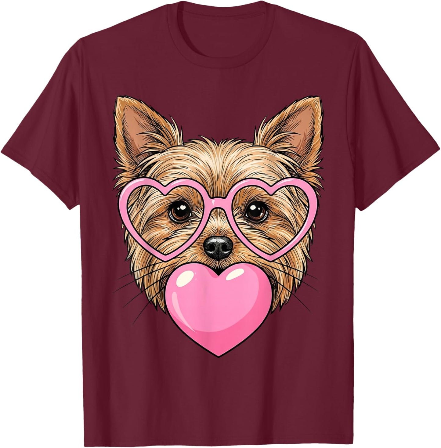 Funny Cute Yorkie Dog Heart Bubble Gum Puppy Face Animal Art T-Shirt - T-Shirt | Maroon