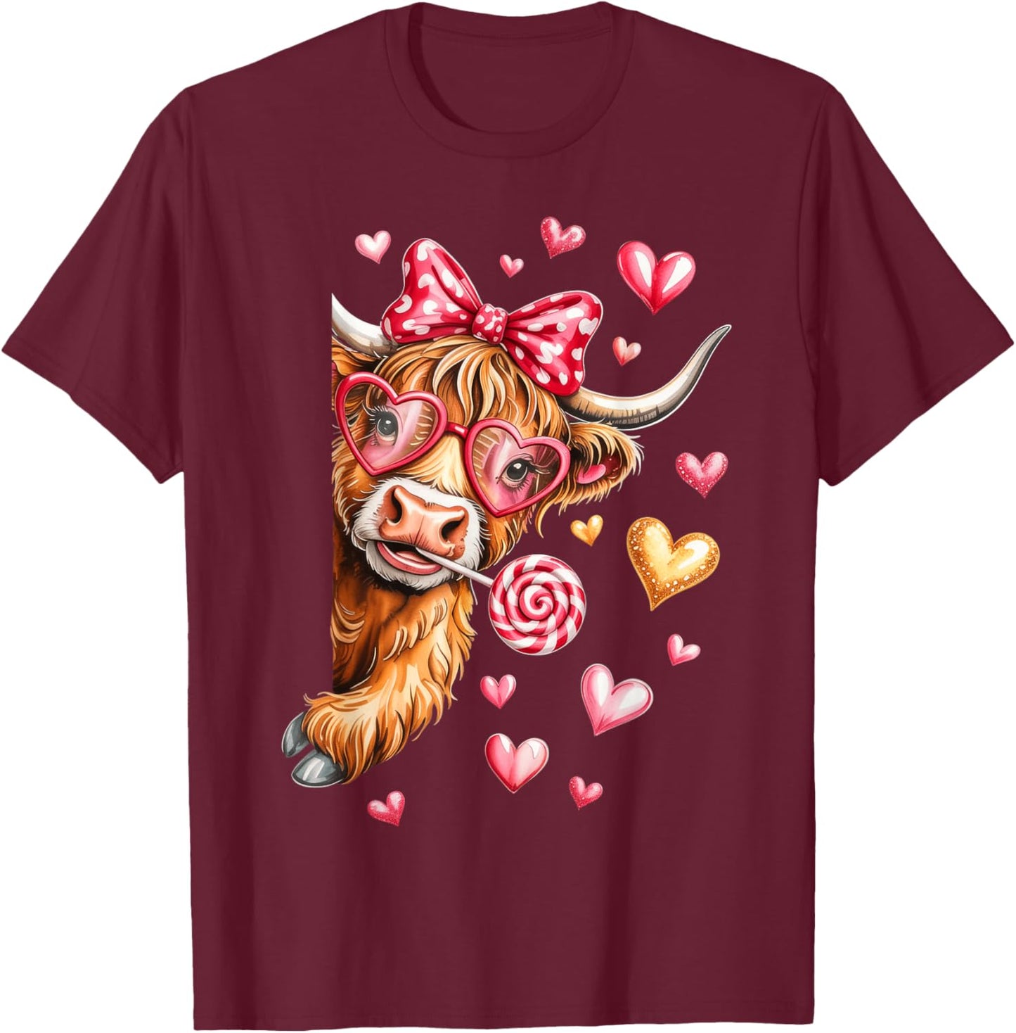 Valentine Highland Cow, Valentine Coquette T-Shirt - T-Shirt | Maroon
