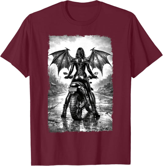 Gothic Dark Biker Angel Girl, Demon Wings Street Style T-Shirt - T-Shirt | Maroon
