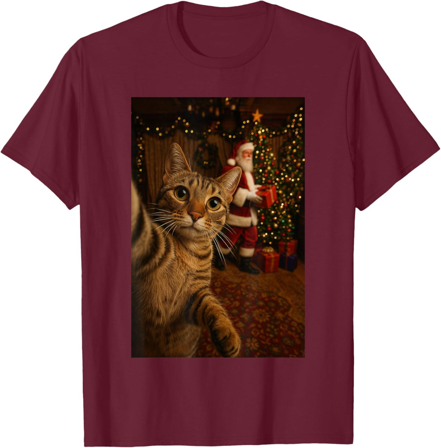 Santa Cat Christmas Tree Shirt, Funny Christmas Cat Selfie T-Shirt - T-Shirt | Maroon