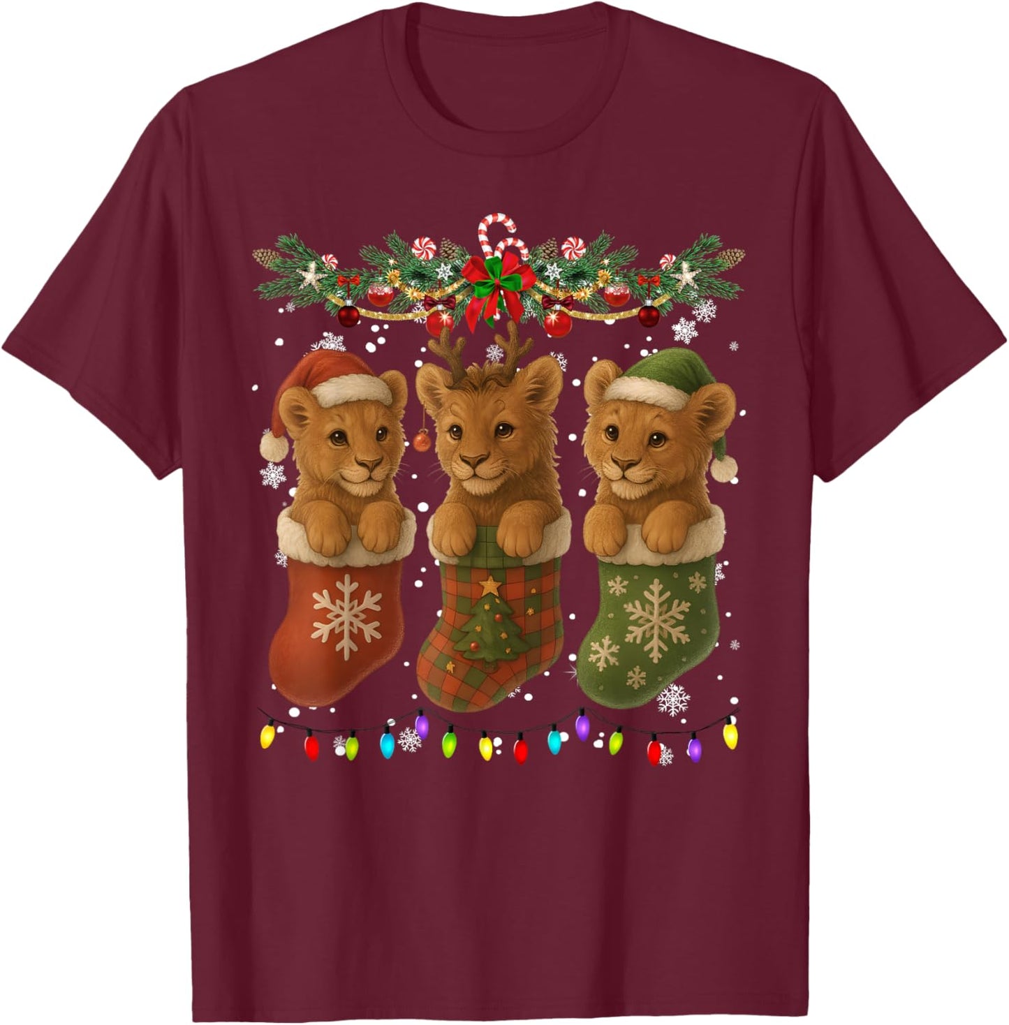 Lion in Christmas Socks Lights Lion Xmas T-Shirt - T-Shirt | Maroon