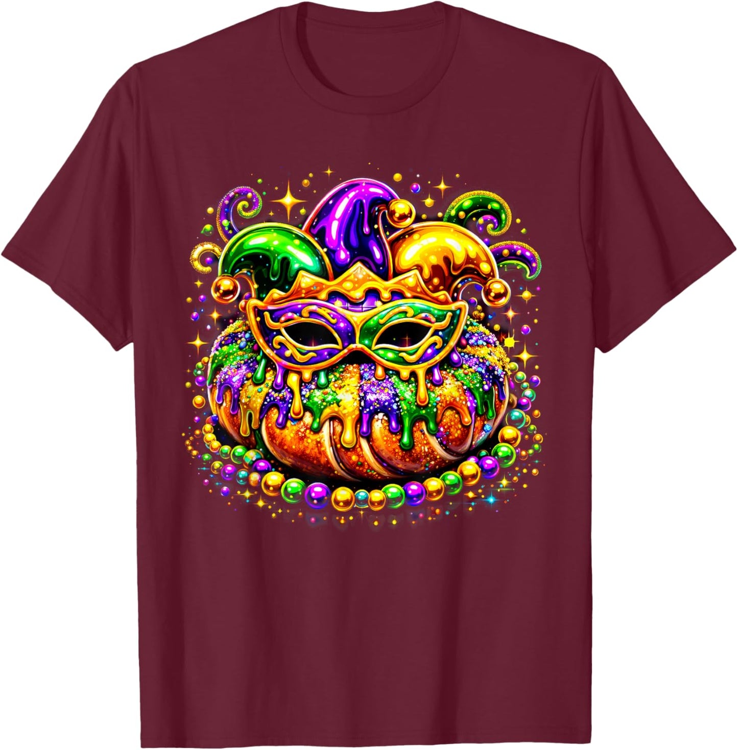 King Cake Golden Beads Mask Feathers Mardi Gras 2026 T-Shirt - T-Shirt | Maroon