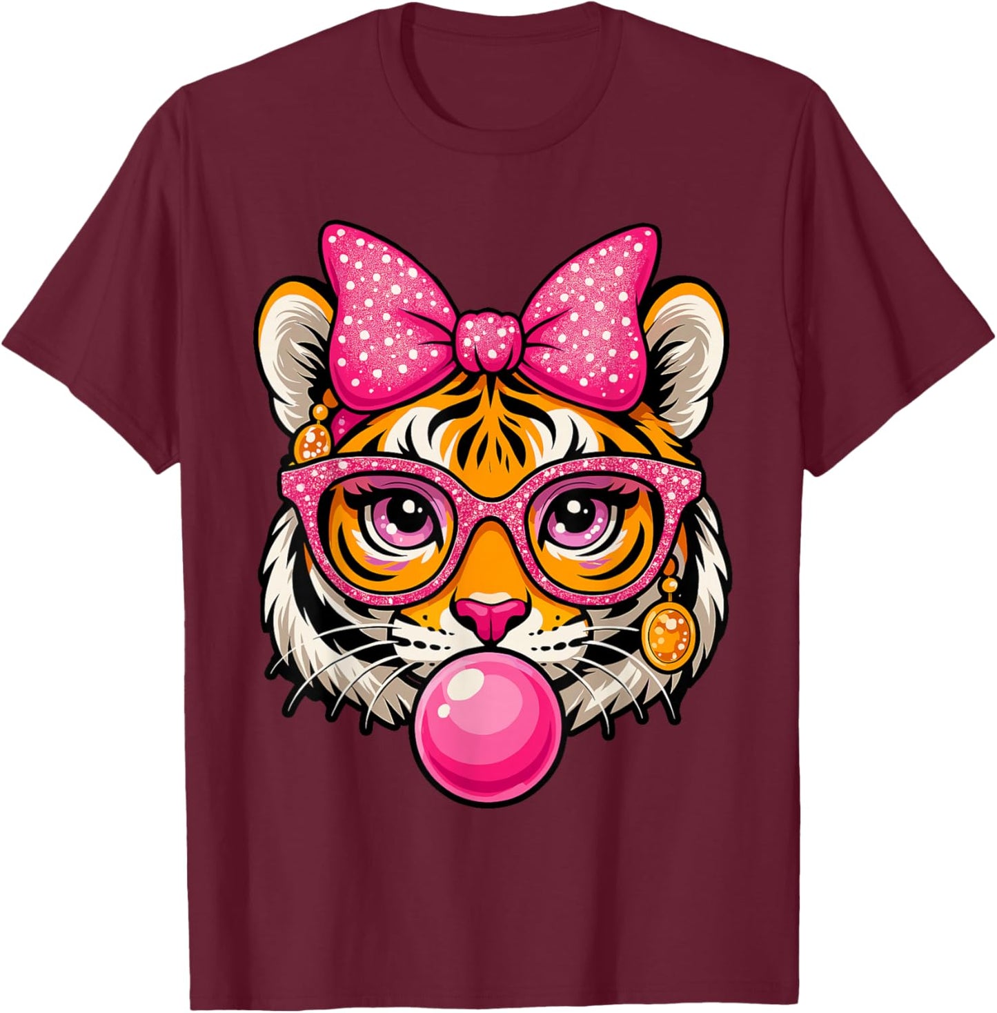 Pink Bow Tiger Shirt for Girls Cute Glasses Tiger Bubble Gum T-Shirt - T-Shirt | Maroon