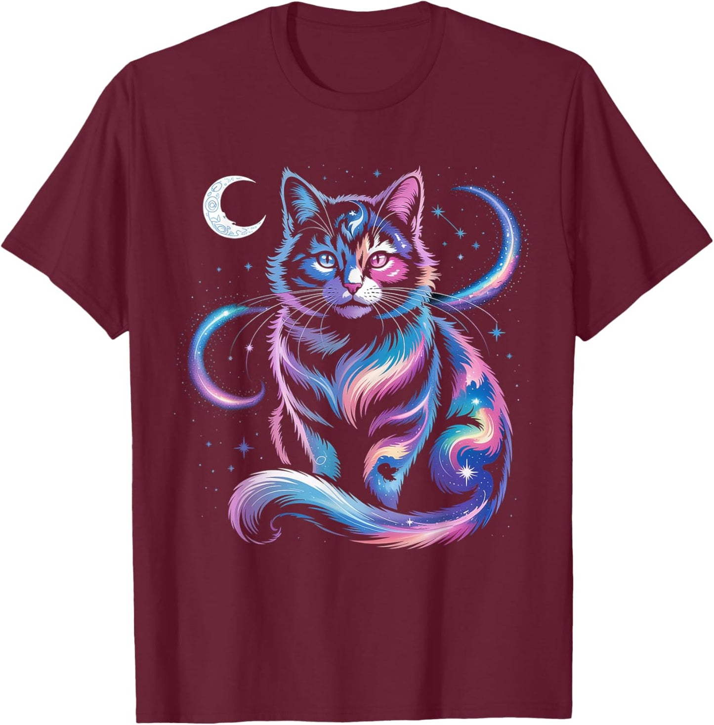 Mystical Space Cosmic Cat - Galaxy Kitten Graphic T-Shirt - T-Shirt | Maroon