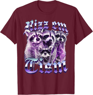 Funny Autism Rizz Em with The Tism Autistic Raccoon Meme T-Shirt - T-Shirt | Maroon