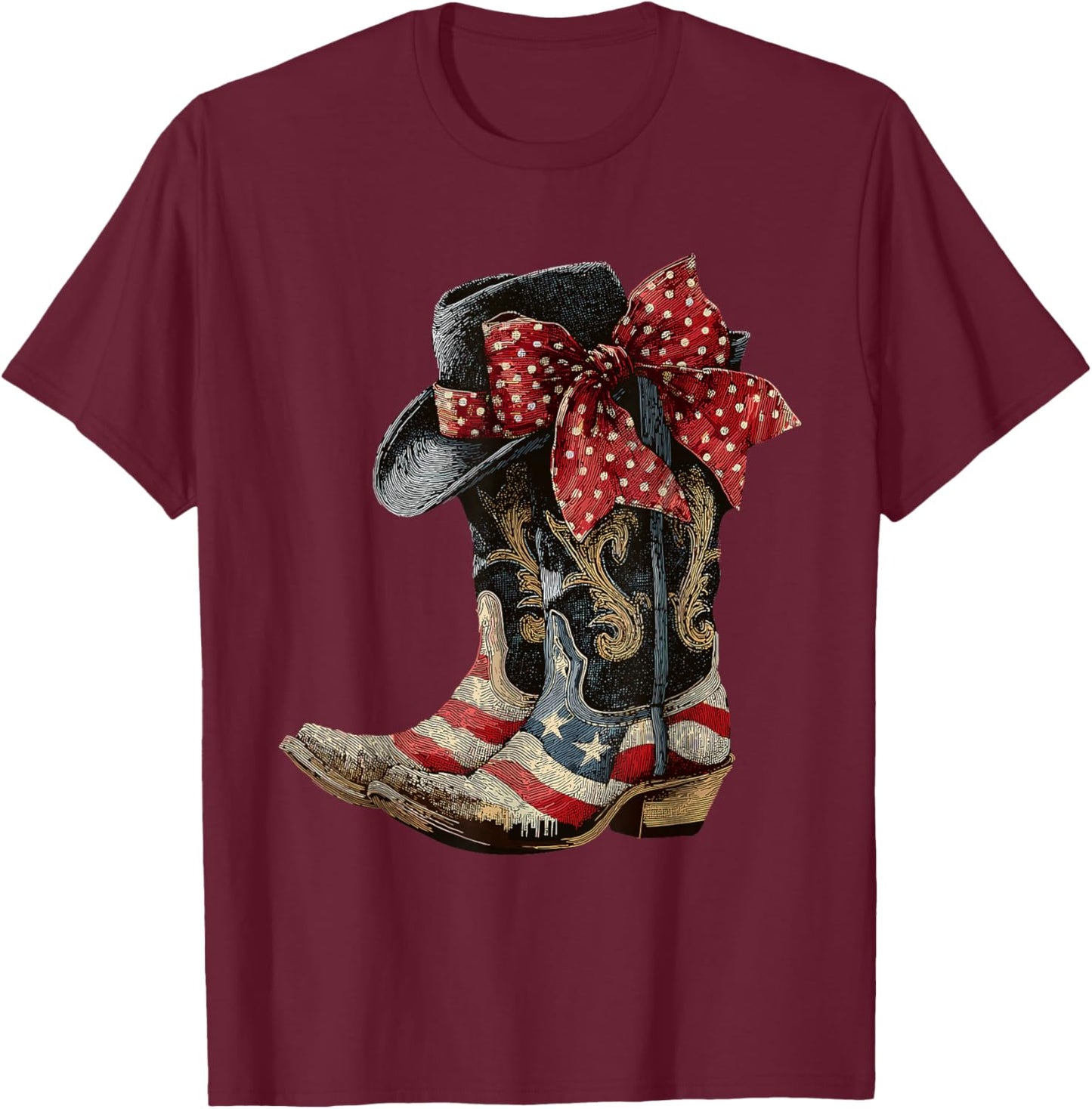 Retro Western Cowboy Cowgirl American Patriotic Rodeo Boots T-Shirt - T-Shirt | Maroon