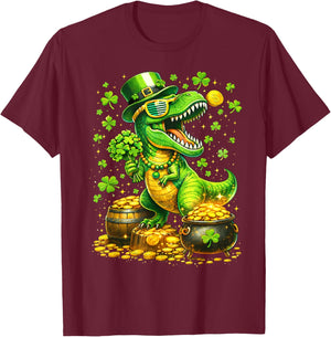 St Patricks Day Dinosaur T Rex Shamrock Kids Boys T-Shirt - T-Shirt | Maroon