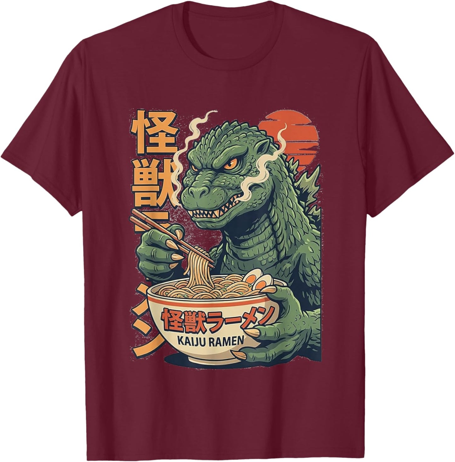 Retro Kaiju Eating Ramen Japanese Monster Lover Funny T-Shirt - T-Shirt | Maroon