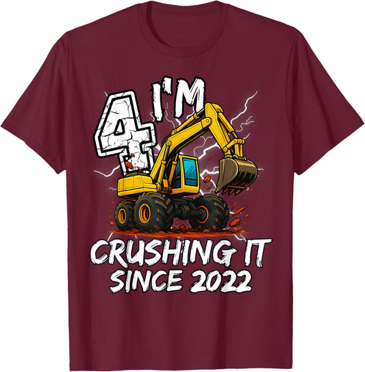 Birthday Excavator Truck 4 Year Old Boys 4th Party Born 2022 T-Shirt - T-Shirt | Maroon