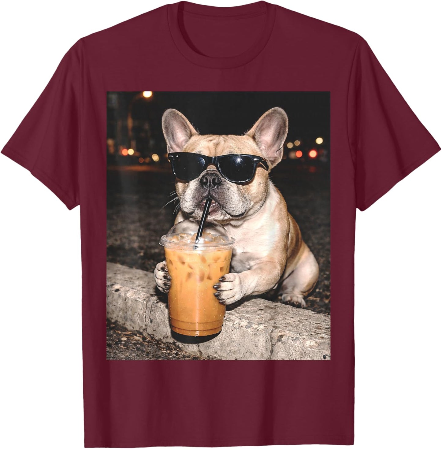 French Bulldog Drinking Iced Coffee Funny Animal T-Shirt - T-Shirt | Maroon