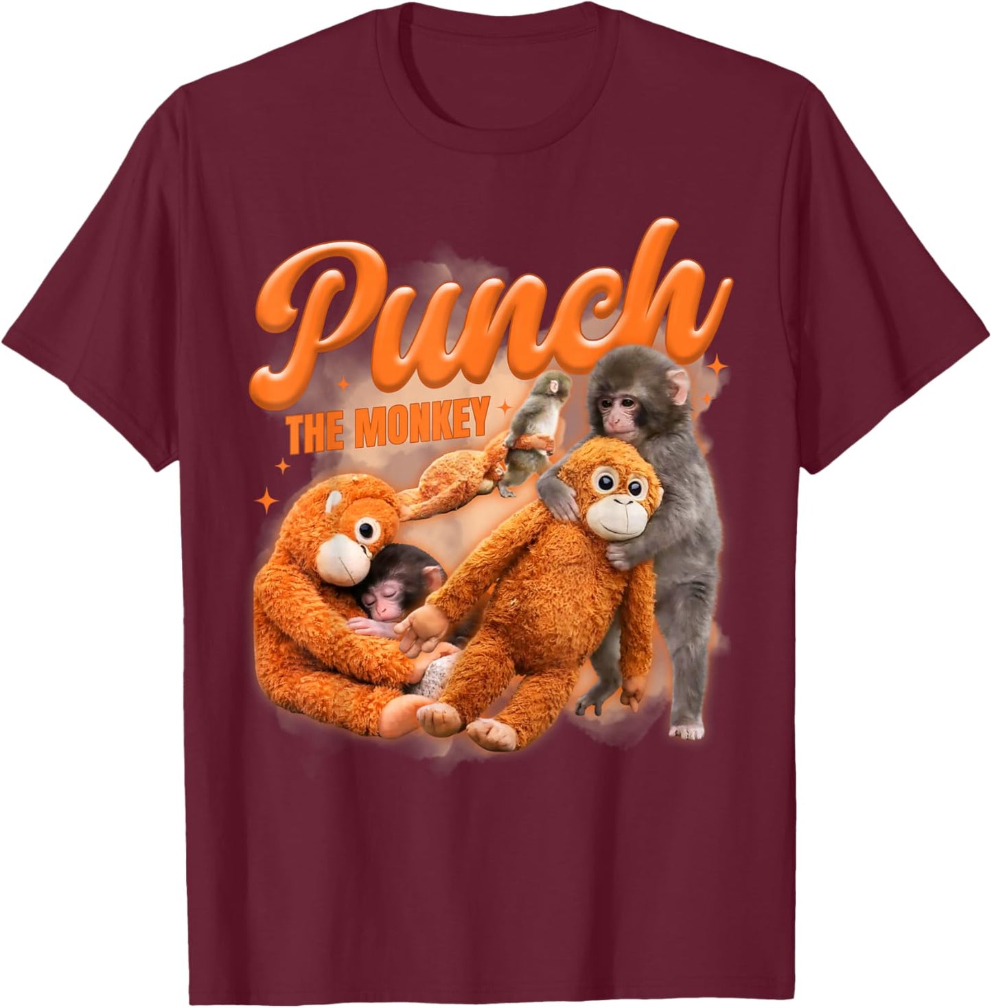 Punch The Monkey Meme Baby Monkey Holding Plush Toy T-Shirt - T-Shirt | Maroon