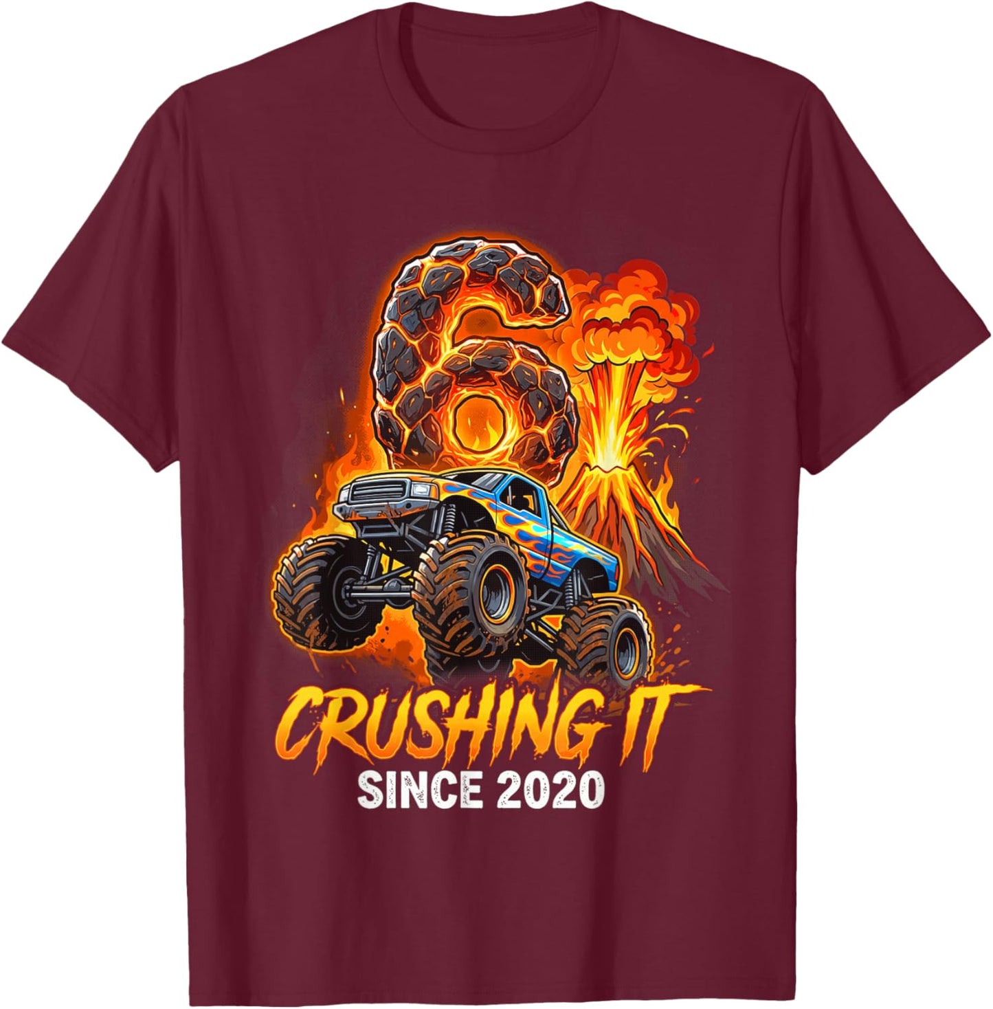 Birthday Monster Truck 6 Year Old Boys 6th Party Born 2020 T-Shirt - T-Shirt | Maroon