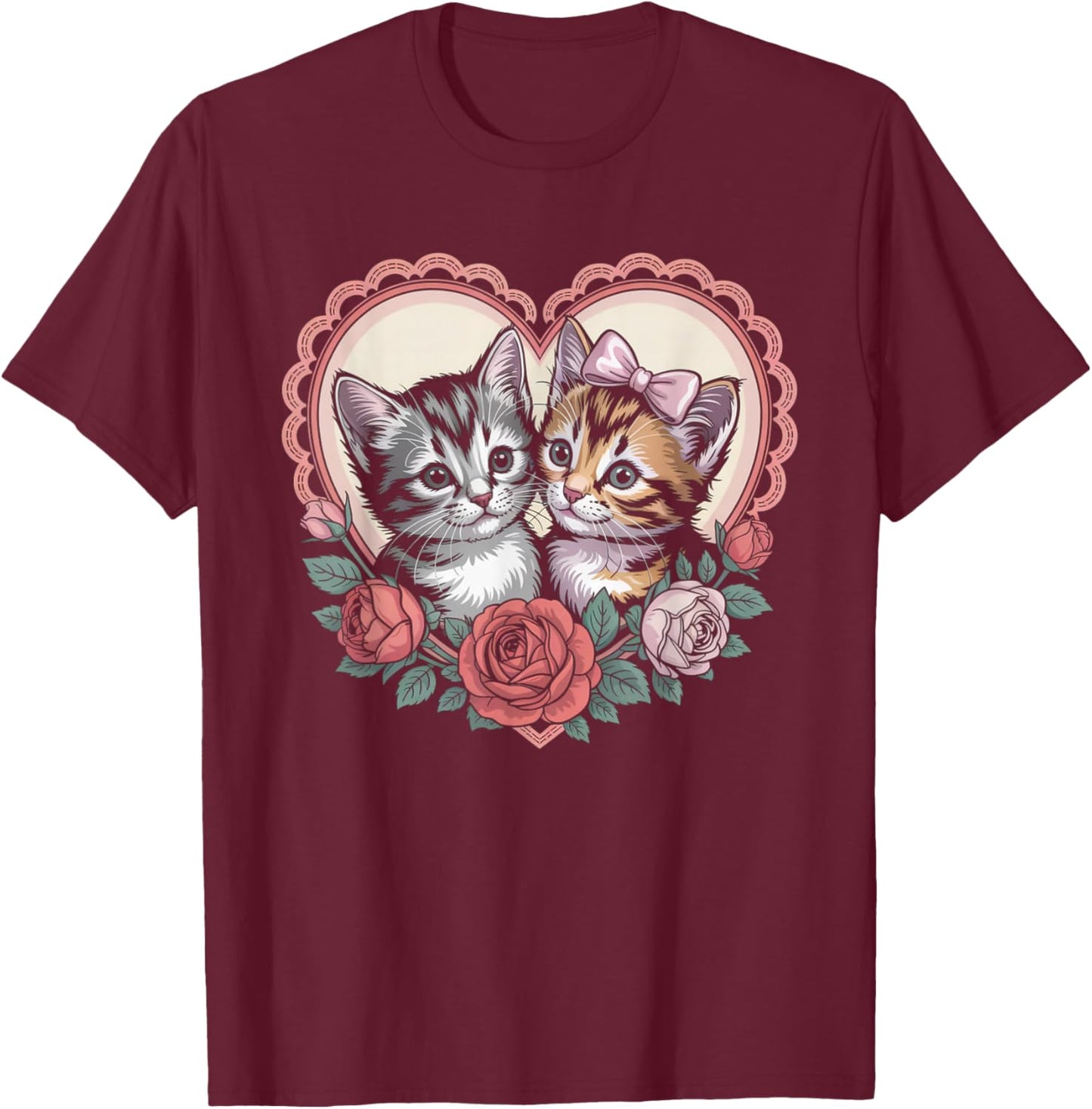 Cute Kittens in Heart with Roses Romantic Cat T-Shirt - T-Shirt | Maroon