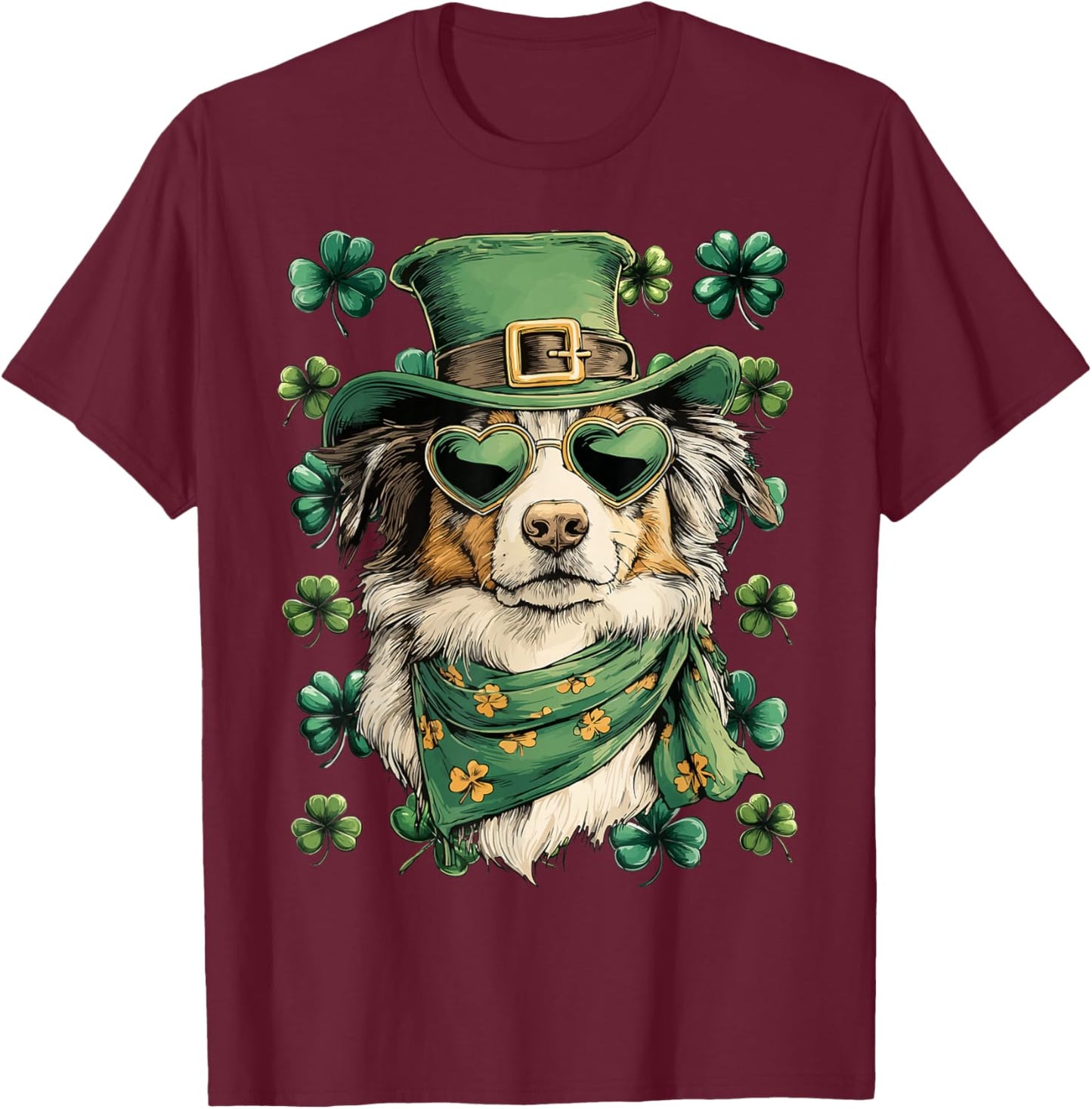 Australian Shepherd in Sunglasses Shamrocks St Patricks Day T-Shirt - T-Shirt | Maroon