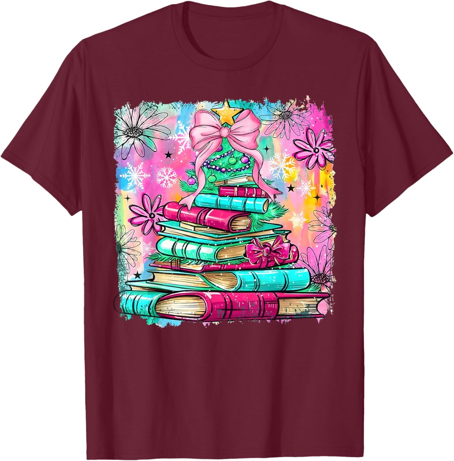 Book Christmas Tree Lights Teacher Librarian Book Lovers T-Shirt - T-Shirt | Maroon