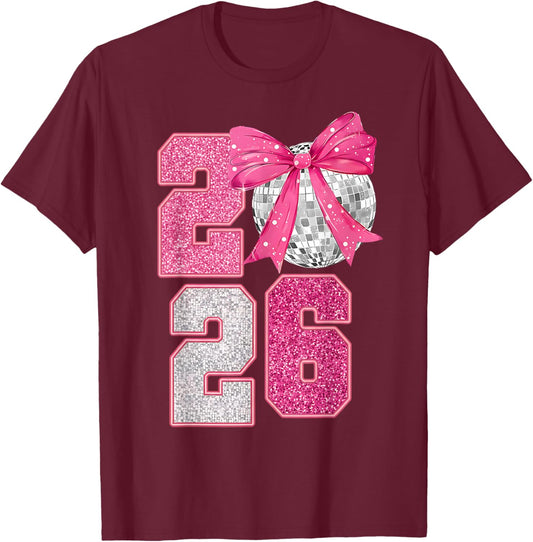 Happy New Year 2026 Disco Ball Pink Coquette Bow Family T-Shirt - T-Shirt | Maroon