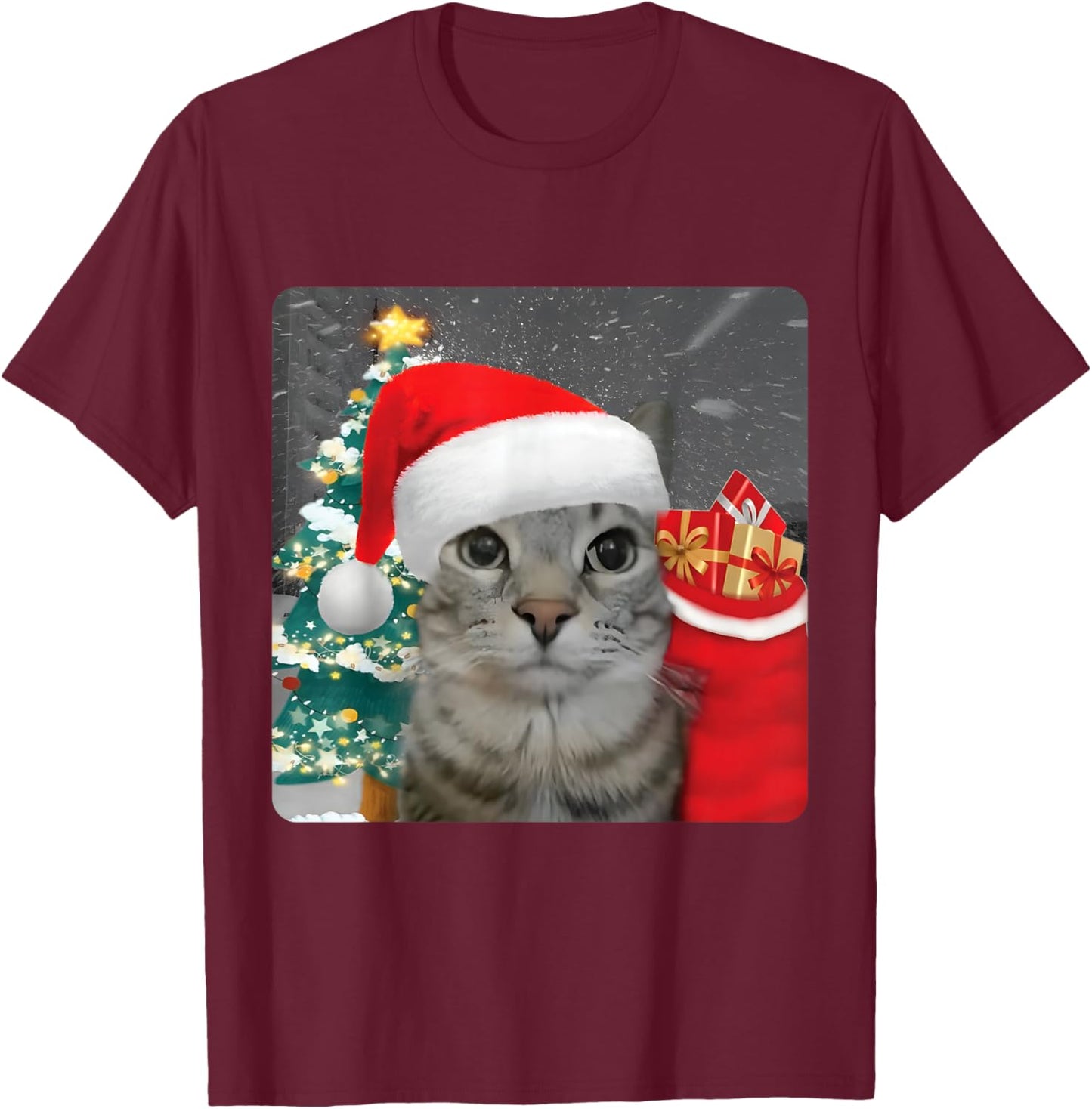 Funny Christmas Rizz Season Humor Cat Internet Meme Brainrot T-Shirt - T-Shirt | Maroon