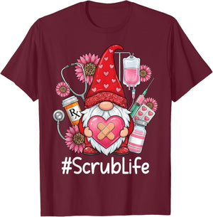Gnome Nurse Scrub Life Nursing Valentine's Day T-Shirt - T-Shirt | Maroon
