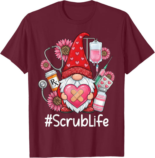 Gnome Nurse Scrub Life Nursing Valentine's Day T-Shirt - T-Shirt | Maroon