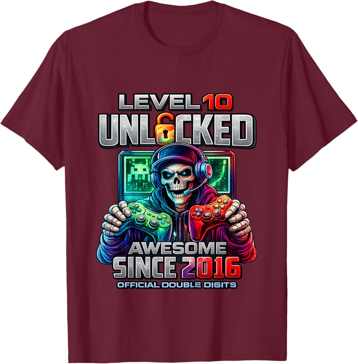 Kids Level 10 Unlocked Awesome Since 2016 10th Birthday Gaming T-Shirt - T-Shirt | Maroon