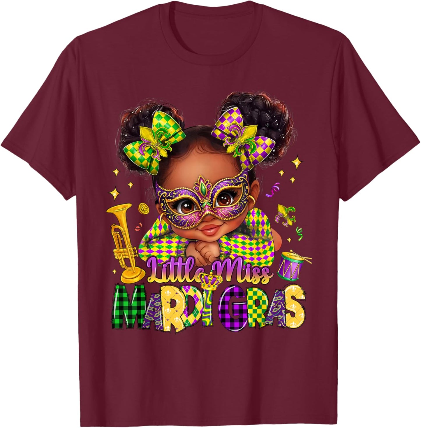 Little Miss Mardi Gras Black Girl New Orleans Fleur De Lis T-Shirt - T-Shirt | Maroon
